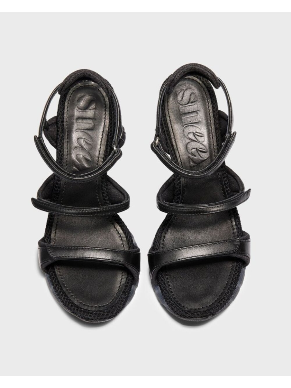 Sneex Charlie Sandal Black Leather NEW Mesh Triple Strap Heels Womens 11 - Picture 4 of 11